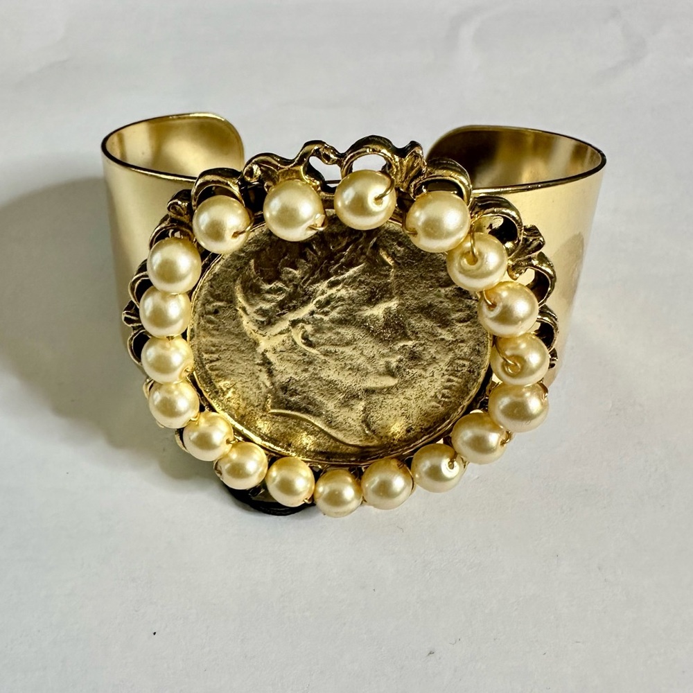 Roman Coin Pearl Medium Cuff. 22K antique gold plated over brass. Light Weight!